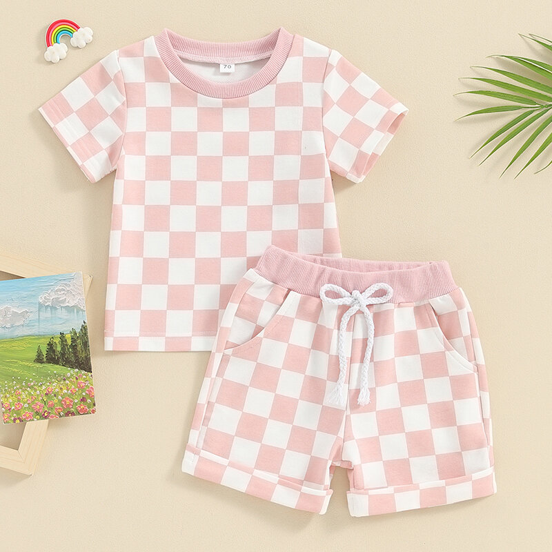 Conjunto de t-shirt xadrez xadrez Reachlight manga curta e calções de cordão, roupa quadriculada para bebé menina, verão