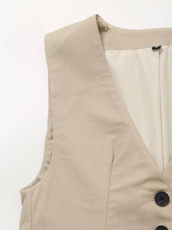 Chaleco Retro sin mangas con bolsillo para mujer, Top elegante de lino con botonadura única y cuello en V, ajustado, a la moda, novedad de 2024