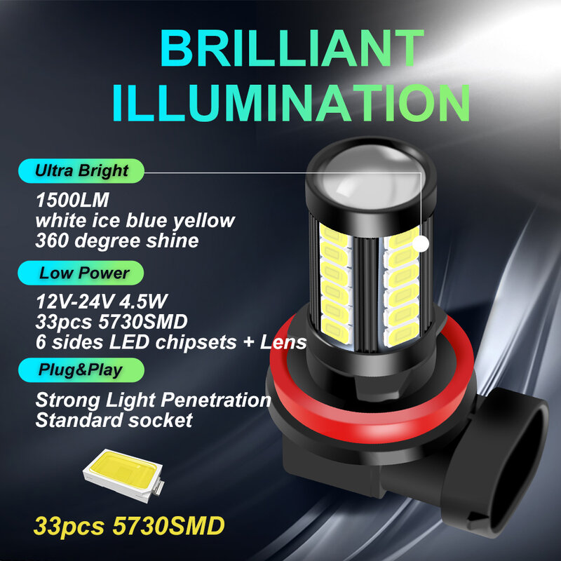LEDカーヘッドライト電球,防曇,9006 K,黄色,2ユニット,h11,h8,9005,hb4,5730,hb3,psx24w,h16,psx26w,p13w,6000