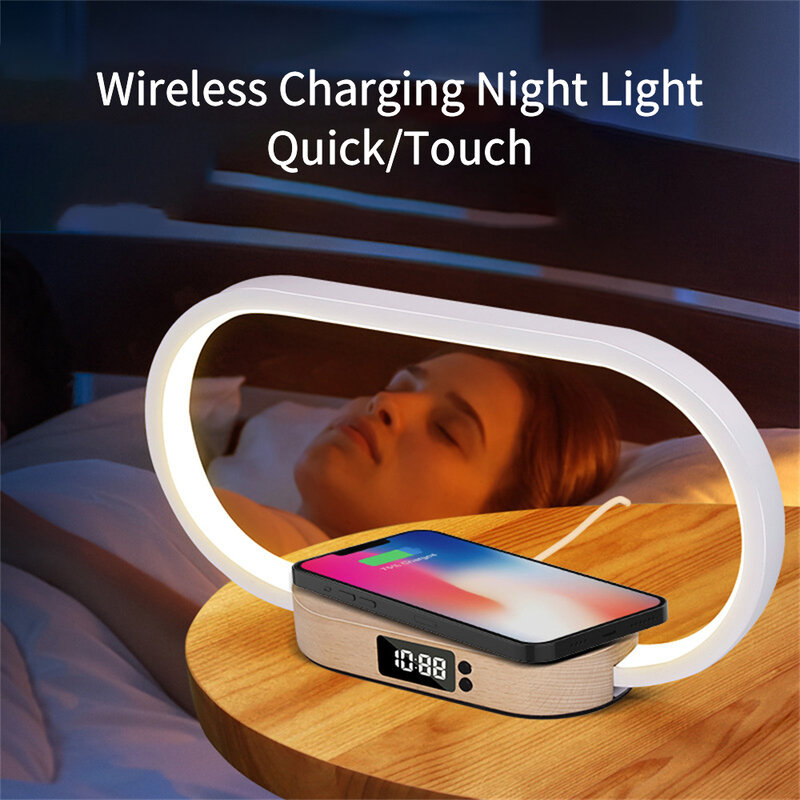 Оптовая цена, светодиодный Ночной светильник 15 Вт, беспроводная Быстрая зарядка для мобильных телефонов, сенсорный ночник, часы из массива дерева, кровать для спальни