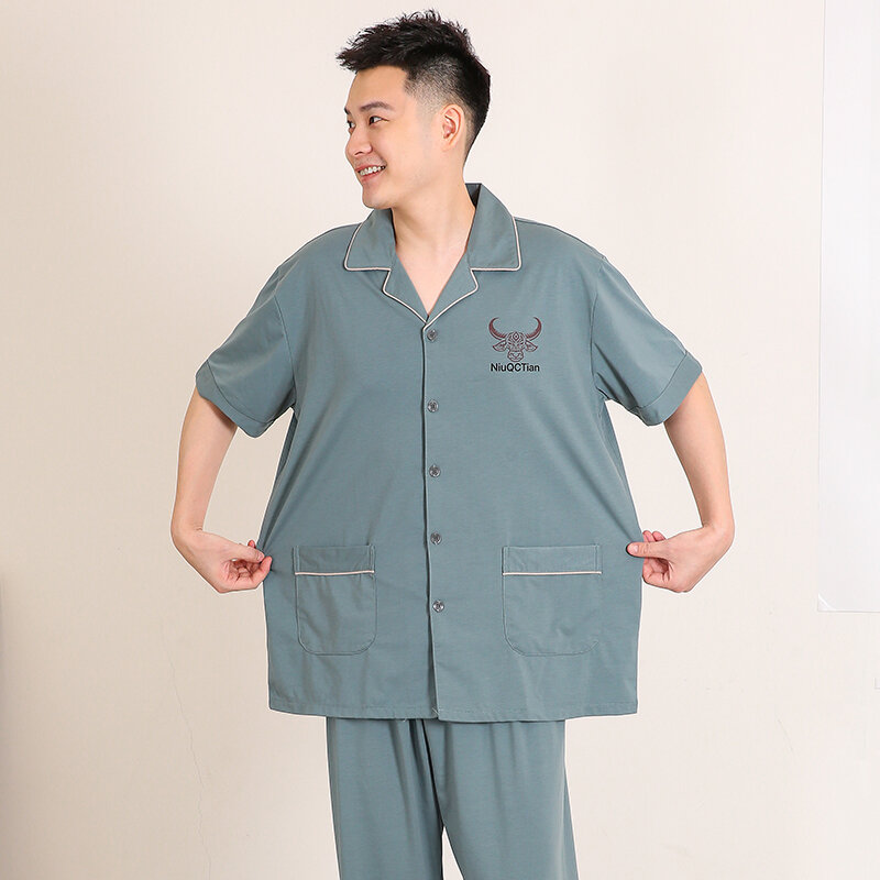 Pijama de punto de algodón para hombre, ropa de dormir de manga corta con cuello vuelto, conjunto cómodo de ocio, 4XL-5XL, Verano