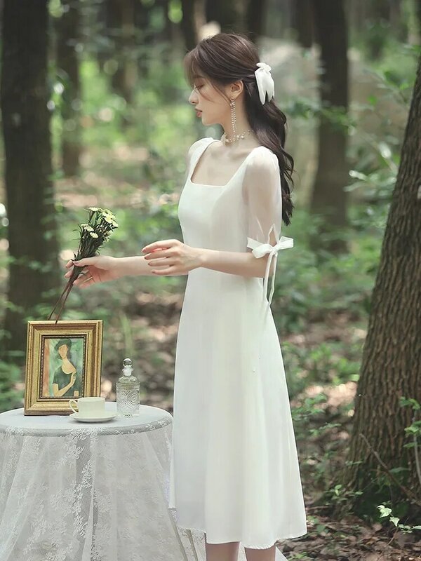 Gaun putih elegan ringan Perancis untuk pernikahan/perjalanan/pesta untuk wanita di musim semi dan musim panas