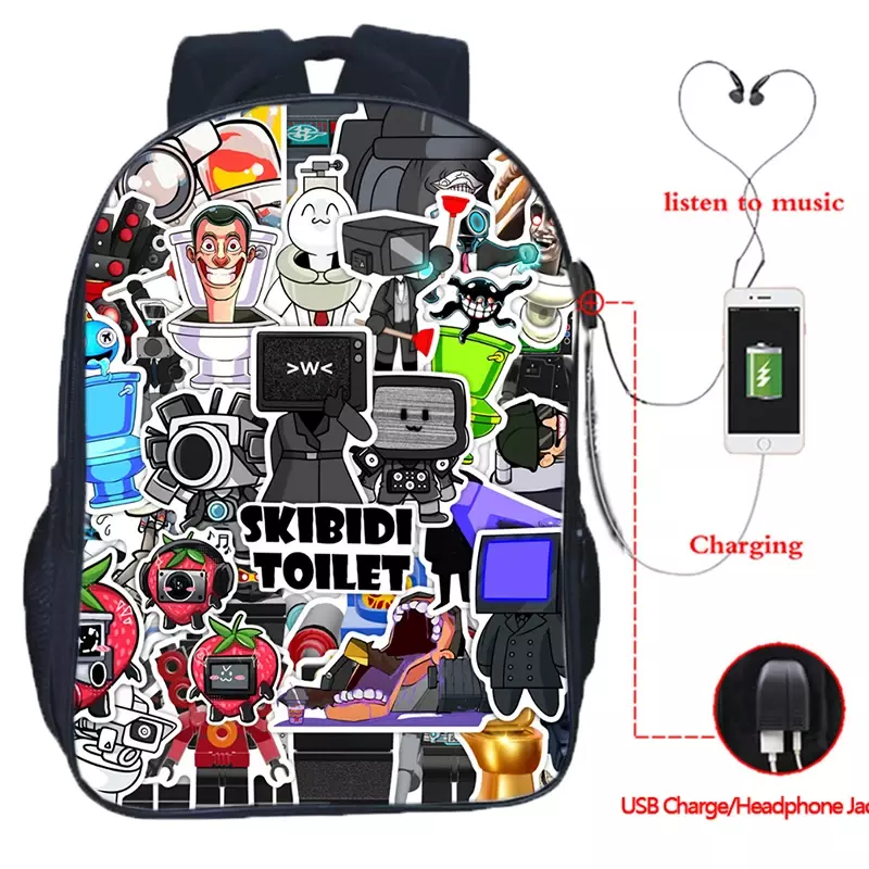 Sac à dos de chargement USB imprimé toilette Skibidi pour adolescents, sacs d'école de dessin animé pour garçons, sacs à dos pour étudiants, cartable pour ordinateur portable, haute qualité
