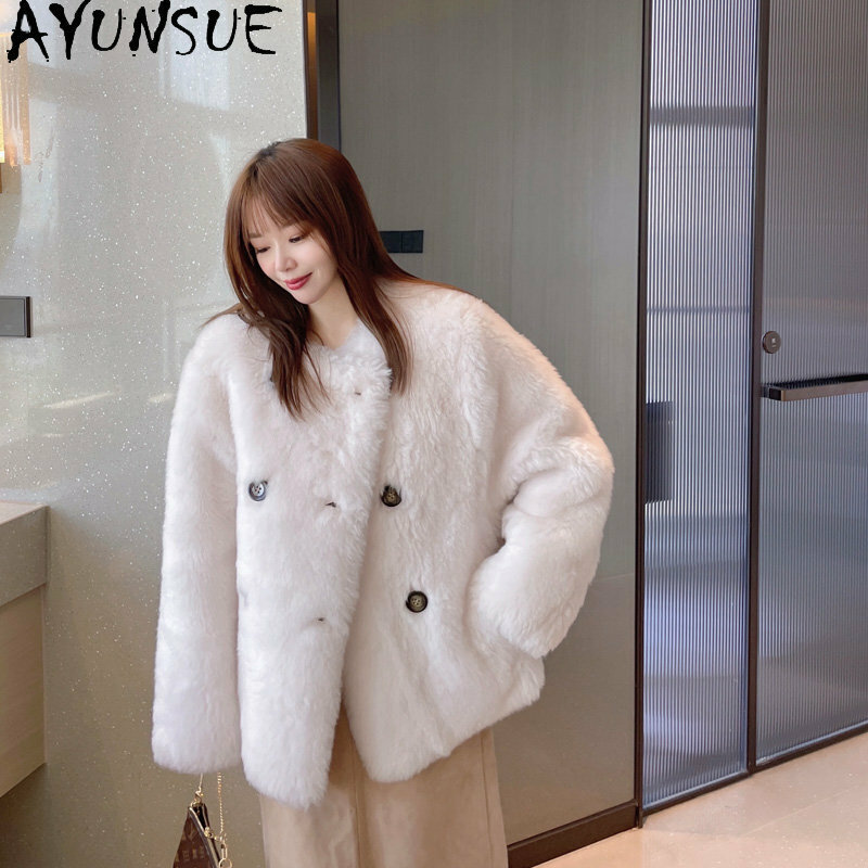 AYUNSUE 여성용 100% 양 시어링 재킷, 우아한 더블 브레스트 모피 코트, 중간 길이 울 재킷, O-넥