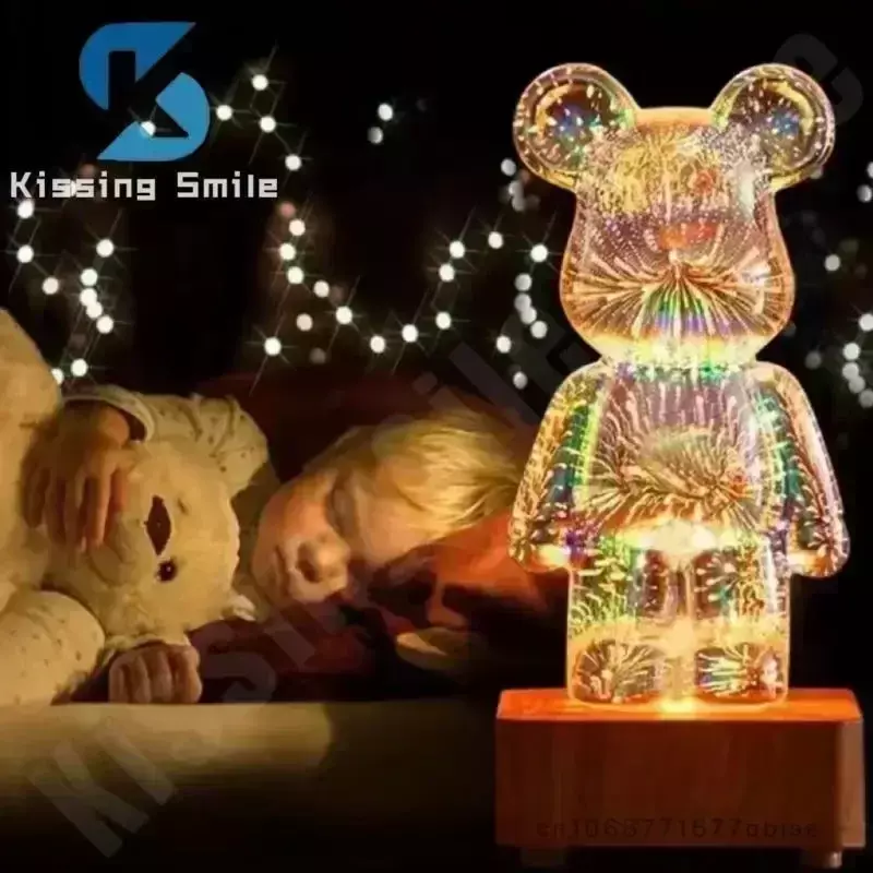 Proyección de luz nocturna de oso de fuegos artificiales 3D, atmósfera USB colorida, atenuación, decoración decorativa para sala de estar, vidrio 3D, dormitorio de fuegos artificiales