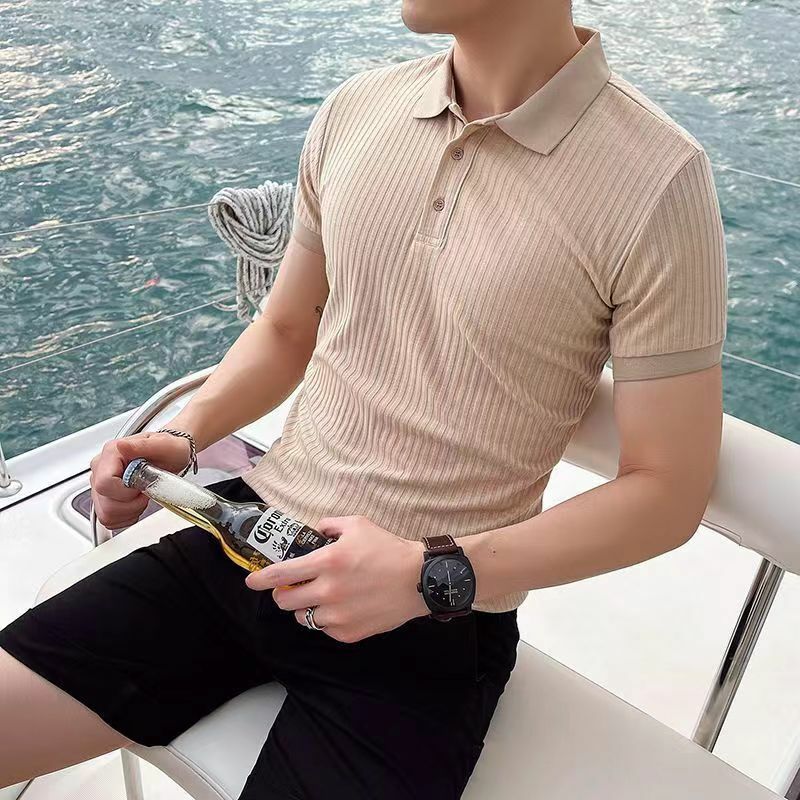 Camisa polo de malha de luxo masculina, casual listrada, com botão baixo, cor sólida, manga curta, roupa respirável, verão, novo, 2024