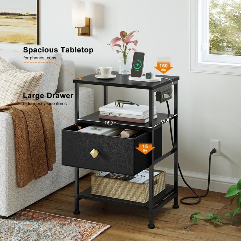 Bedside table with charging station, adjustable leather drawer, and three-layer open storage rack for bedroom bedside table