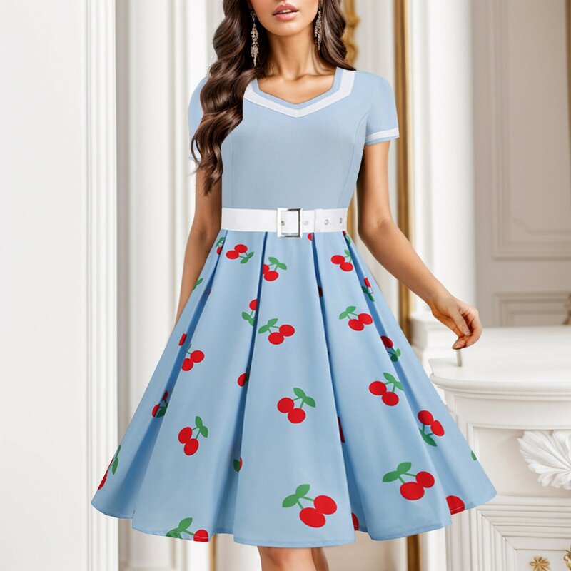 플러스 사이즈 반팔 꽃무늬 프린트 A라인 구김 드레스, 섹시한 이브닝 드레스