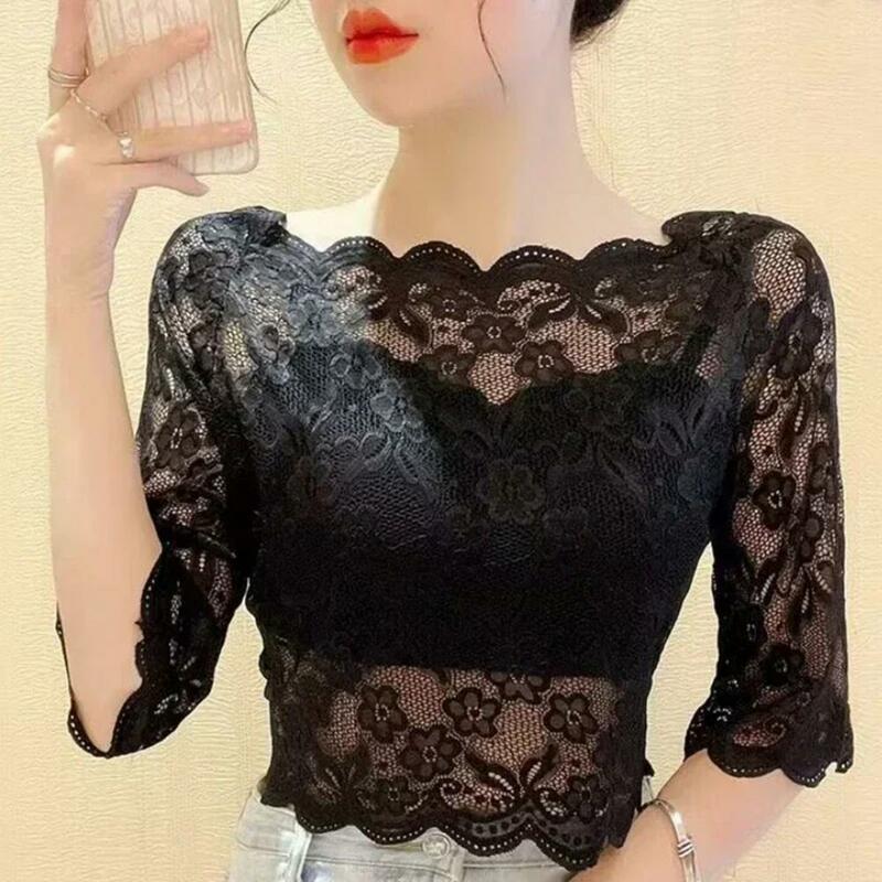Eleganckie bluzki damskie elegancka koronka przycięte topy lato haftowana Sheer kwieciste koszulka seksowna przesady