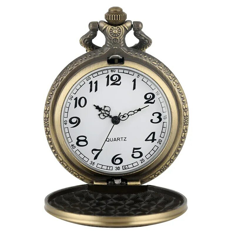 Reloj de bolsillo de cuarzo y bronce para hombres y mujeres, reloj de moda antiguo, diseño de pesca de pez grabado, número árabe, reloj con cadena, regalo