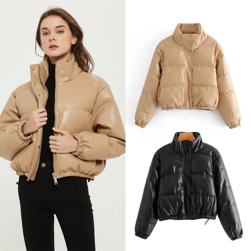 Winter Thick Women Short Parkas Warm Fashion Outwears PU Leather Coats Black Cotton Padded Female Jacket Elegant Zipper Clothes