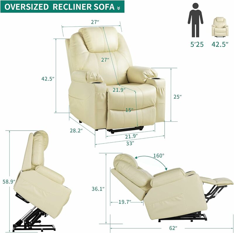 Power Lift Recliner Chair for Elderly, Electric Lift Chair with Heat and Massage, Faux Leather Recliner Sofa with 2 Cup