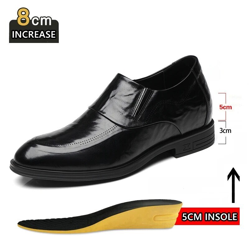 Man Cow Leather Business Elevator Shoes With Heel Height Hidden Heel Shoes For Men 6CM/8CM Taller Slip-on Formal Wedding Oxfords