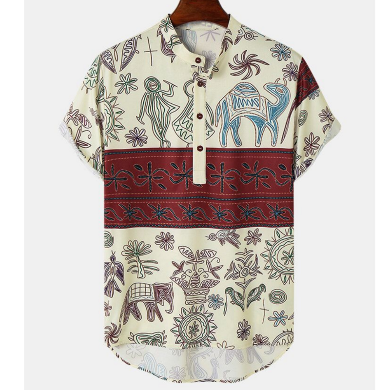 Camiseta Henley Vintage para hombre, ropa de estilo Tribal 3d, Top de manga corta de gran tamaño, ropa de calle étnica de verano para hombre, camisas hawaianas