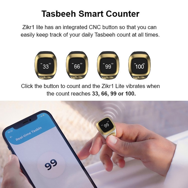 Smart Tasbih licznik zestawień pierścionek dla muzułmanów Zikr cyfrowy Tasbeeh 5 przypomnienie czasu modlitwy Bluetooth