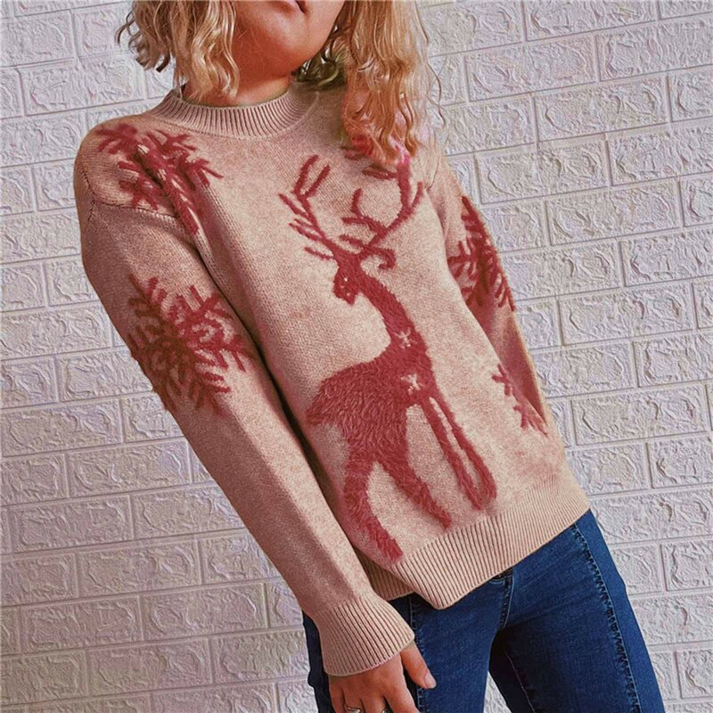 여성용 크루넥 긴팔 크리스마스 스웨터, 눈송이와 사슴 패턴, 두꺼운 니트 풀오버 스웨터