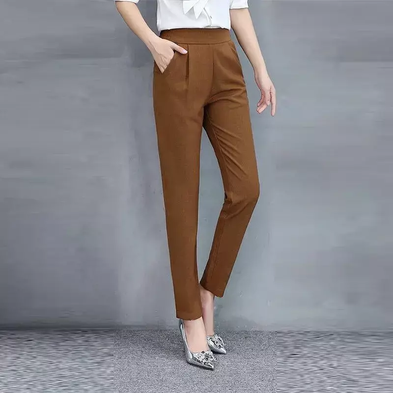 Basic สีทึบ Elastic เอว Harem กางเกงผู้หญิงฤดูใบไม้ผลิข้อเท้าความยาวกางเกงขนาดใหญ่เกาหลีกางเกงทำงานหญิง