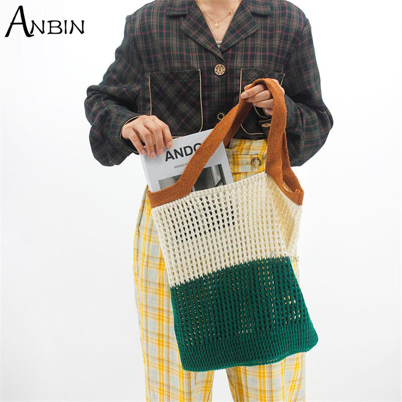 Bolsos de punto de lana para mujer, bolsas de mano versátiles con diseño de ganchillo, de colores, ahuecados, de gran capacidad, para playa y compras