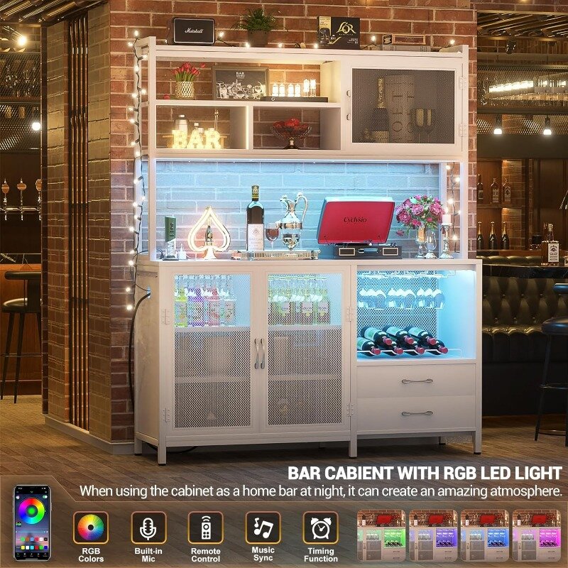 Armário para Vinho, Gabinete de Bar Doméstico Alto com Estação de Energia e Luz LED, Armário de Licor Farmhouse, 7 Camadas