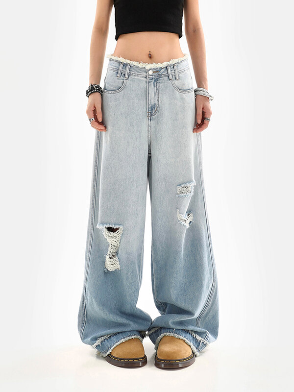 Женские винтажные джинсы в стиле Харадзюку, свободные широкие брюки с градиентом, потертые рваные мешковатые джинсовые брюки Y2K, лето 2024