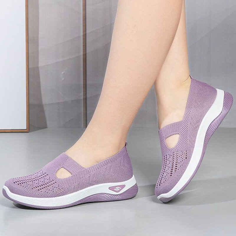 รองเท้าส้นแบนตาข่ายสำหรับผู้หญิงรองเท้าผ้าใบสำหรับผู้สูงอายุเหมาะสำหรับการตั้งแคมป์ในร่ม