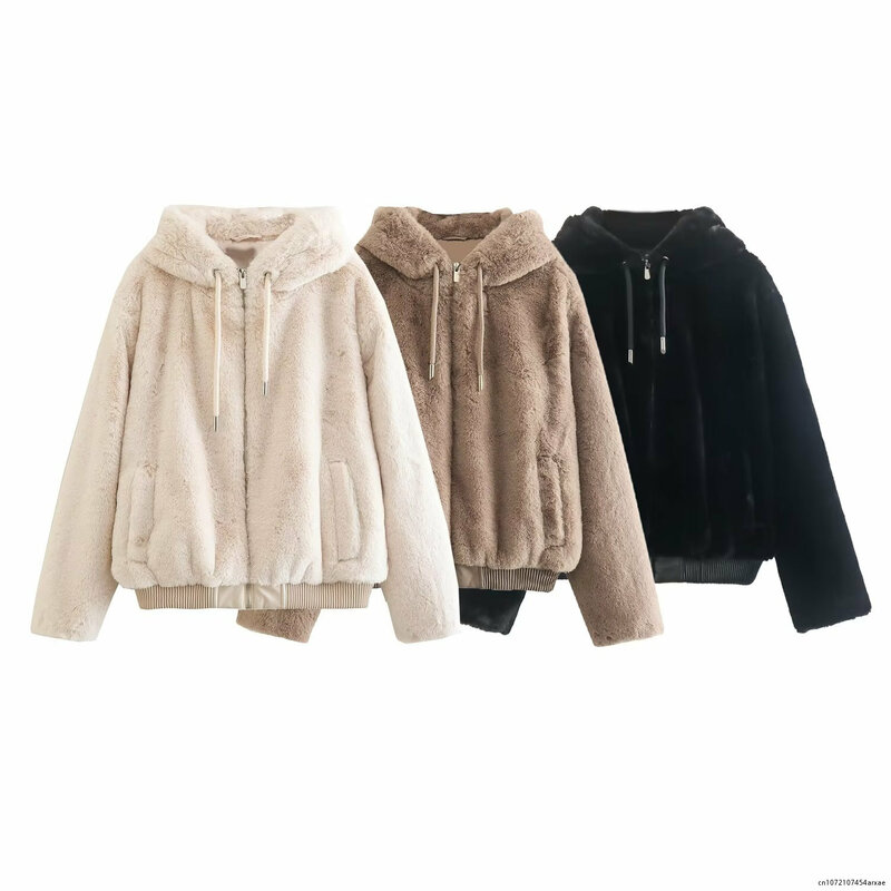 Women 2023 New Fashion Artificial Fur Hooded Jacket Coat Vintage Long Sleeve Zipper Female Outerwear Chic Overshirt
