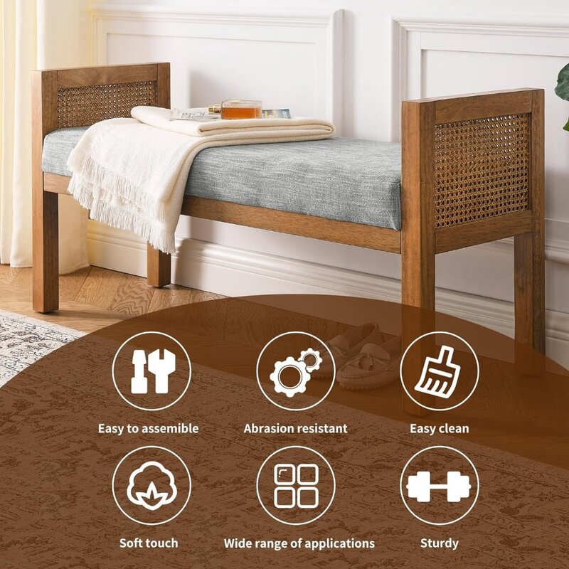 Bangku kamar tidur berlapis kain, bangku dilengkapi dengan kaki kayu Solid, jaring tenun rotan, dan pelapis yang dapat dilepas terbuat dari bantal lembut
