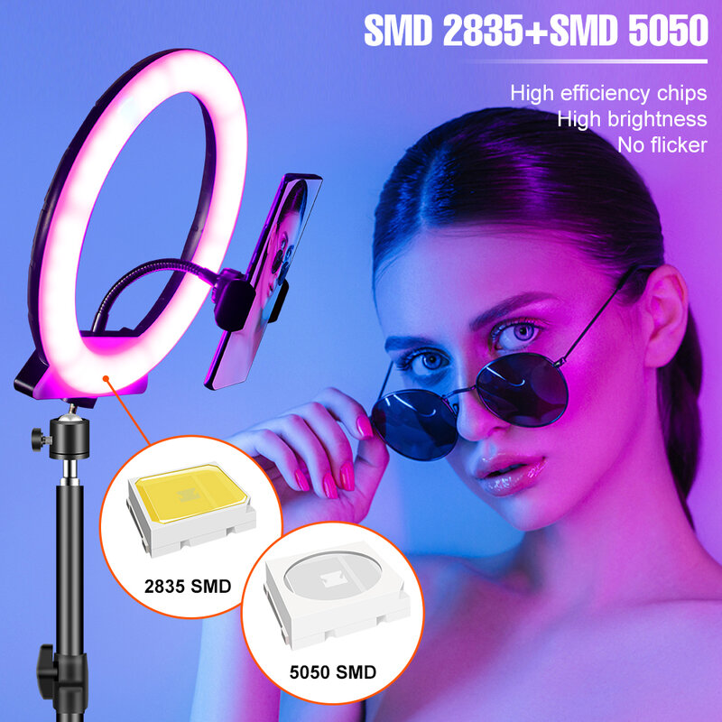 LED 링 램프 비디오 라이트 디 밍이 가능한 Selfie Ringlight RGB 채우기 사진 조명 삼각대 스탠드 라이브 스트리밍을위한 야간 램프