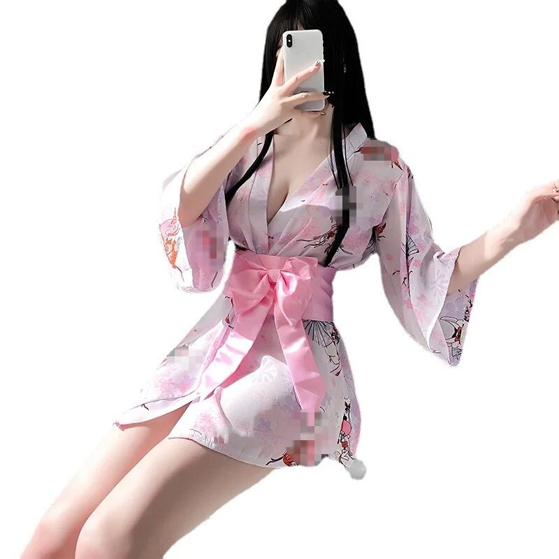 Vestido curto sexy feminino para cosplay, fantasia de quimono japonês, roupão sexy, roupa de dormir, roupão floral, lingerie erótica, vestido feminino