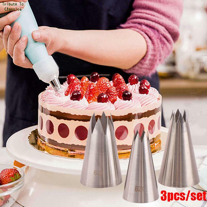 3 buah/set ujung pipa kue baja tahan karat ujung nozel Piping bintang terbuka Rusia nosel kue Icing Piping Pastry