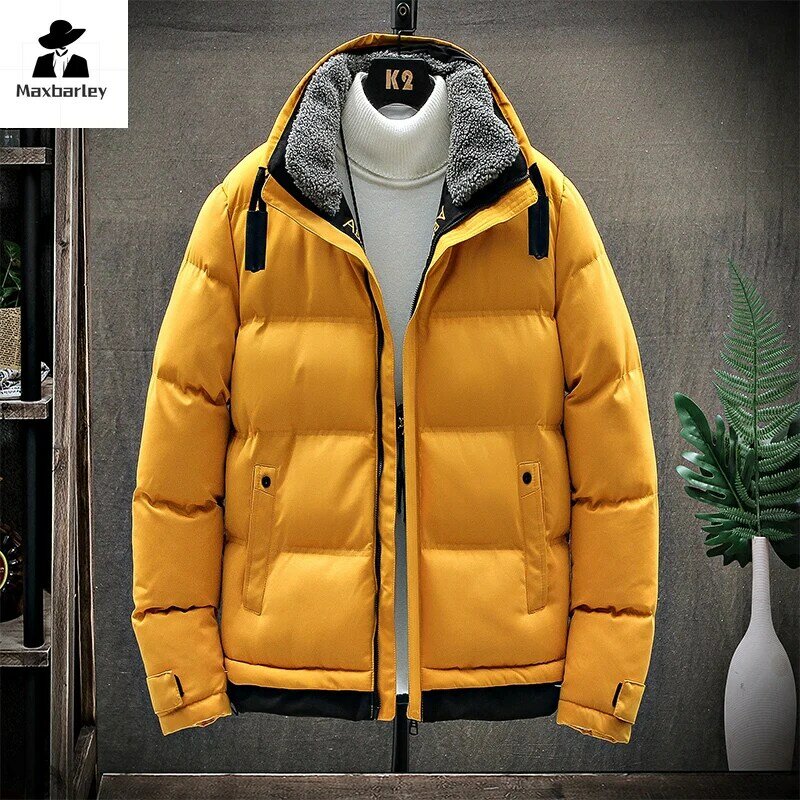 Parka de luxo acolchoada quente para baixo masculina, jaqueta de algodão elegante, duas peças falsas, gola de lã, casaco curto, inverno, 2024