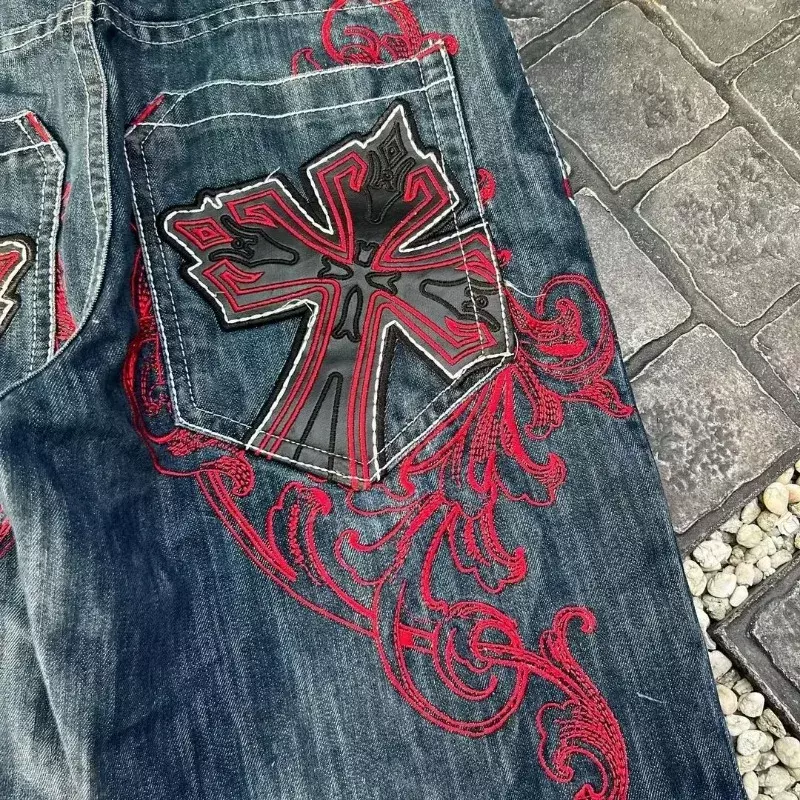 Harajuku nowe popularne geometryczne krzyżowe haftowane ponadgabarytowe spodenki jeansowe dla mężczyzn 2000s hip hop spodnie z wysokim stanem y2k baggy