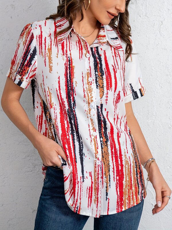 2024 New Striped Print Button Front Shirt, Vintage Short Sleeve Shirt For Spring &Fall, Women's Clothing shirts & blouses