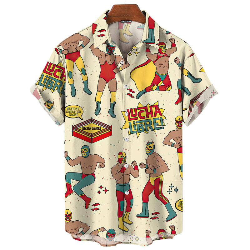 Camisa Vintage con estampado de lucha mexicana en 3d para hombre, ropa holgada de gran tamaño, manga corta informal a la moda, alta calidad