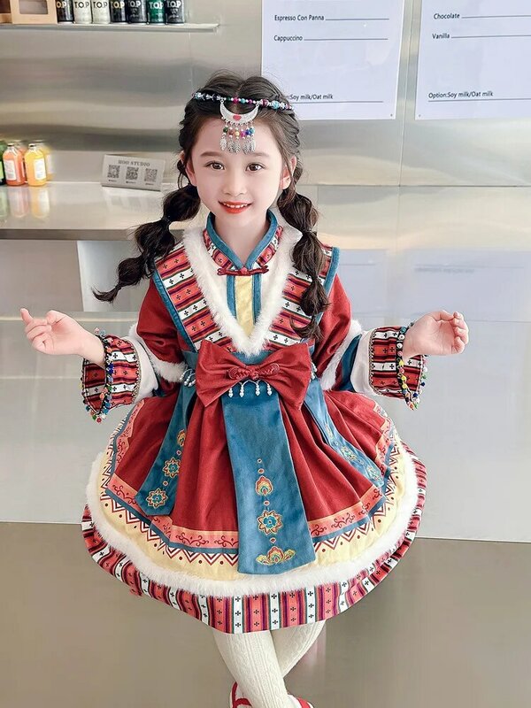Hanfu rok putri gaya etnik anak perempuan, pakaian Tahun Baru musim gugur dan musim dingin dengan tambahan beludru tebal