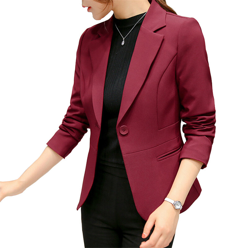 ผู้หญิง Blazer 2022สีแดงเสื้อแขนยาวกระเป๋าแจ็คเก็ต Coat Slim Office Lady เสื้อเสื้อผ้าผู้หญิง Blazer Femme แจ็คเก็ต