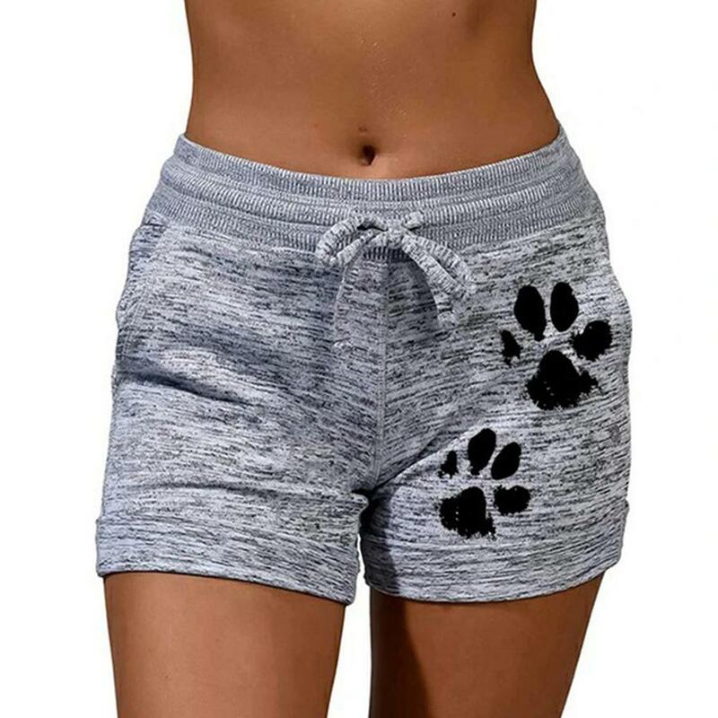 Calções casuais mulheres de cintura alta gatos garra impressão drawstring secagem rápida elástico esportes shorts ginásio roupas femininas