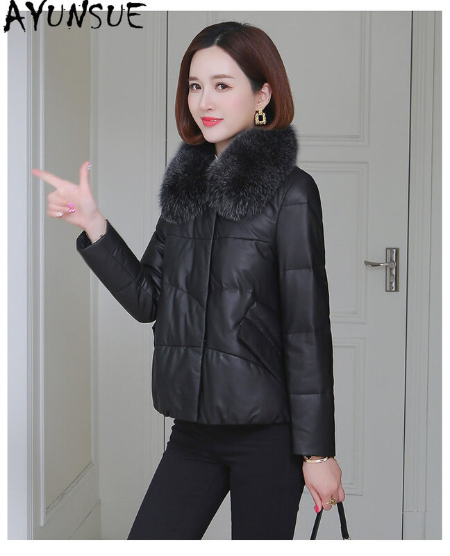 AYUNSUE-Jaqueta de couro real para mulheres, casaco de pele de carneiro genuíno, gola de pele raposa, casacos casuais pretos para inverno