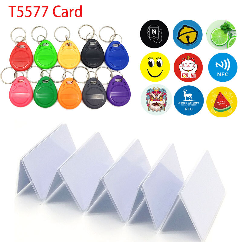 10 pz T5577 125KHZ RFID duplicatore prossimità riscrivibile portachiavi adesivi per telefoni cellulari lavagna Clone carte riscrivibili