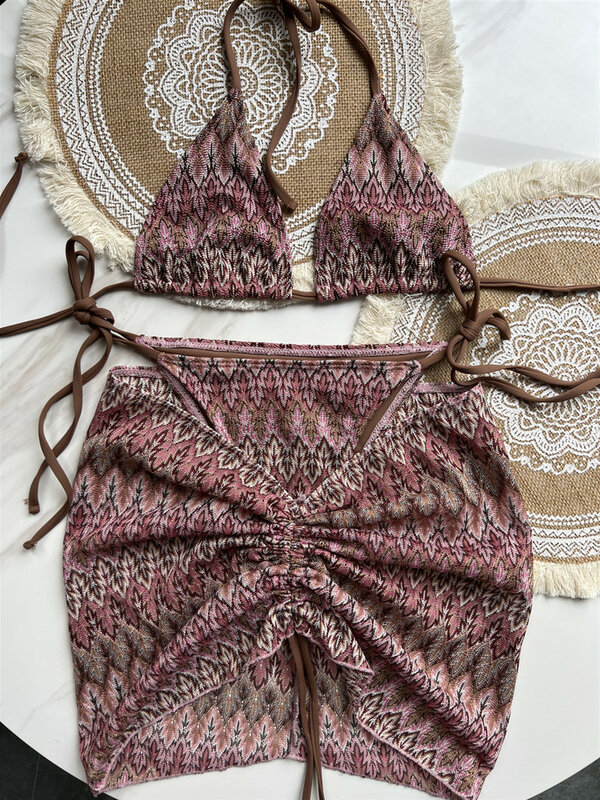 Kobiety strój kąpielowy kolorowy liście klonu dzianinowa spódnica Bikini trzyczęściowy zestaw dwuczęściowy strój kąpielowy Bikini