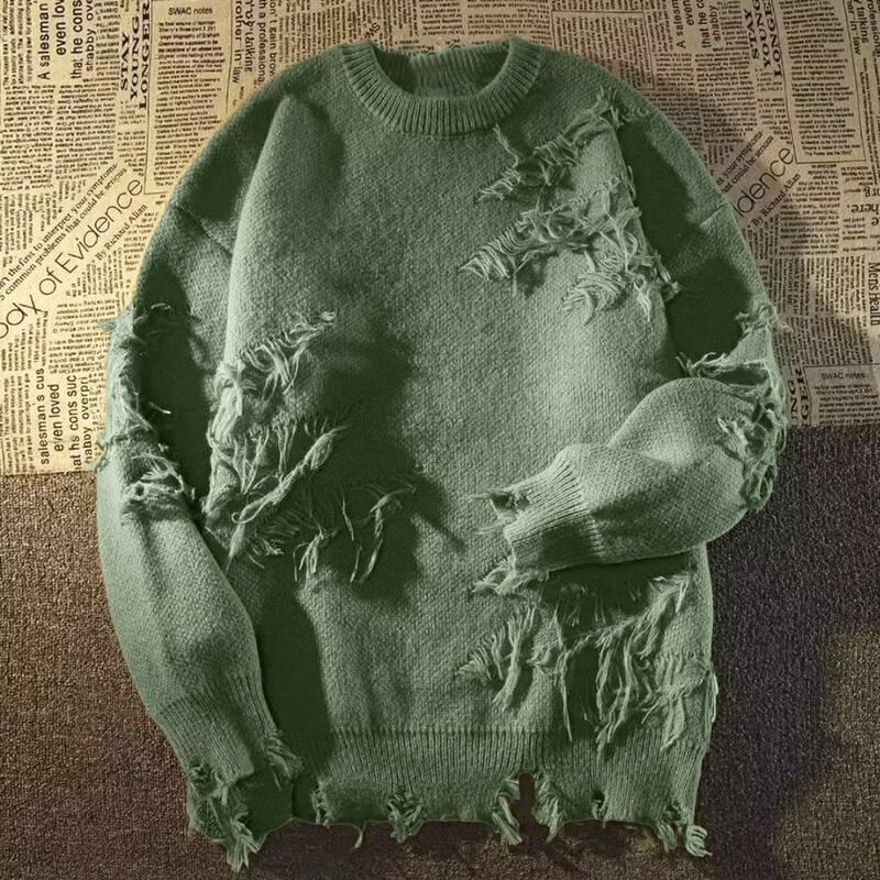 Suéter Retro con flecos y agujeros para hombre, ropa de calle de punto, Color sólido, rasgado, Hip Hop, High Street, Vintage