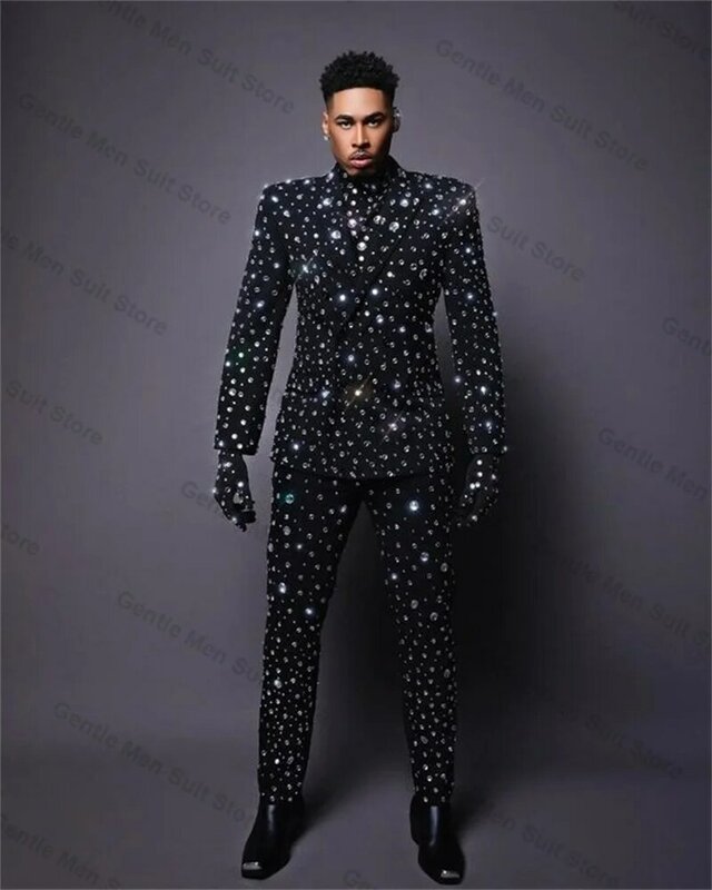 Luxury Crystals Men Suits Set 2 Piece Blazer+Pants Red Carpet Prom Groom Wedding Tuxedo Coat Custom Made Jacket Trousers