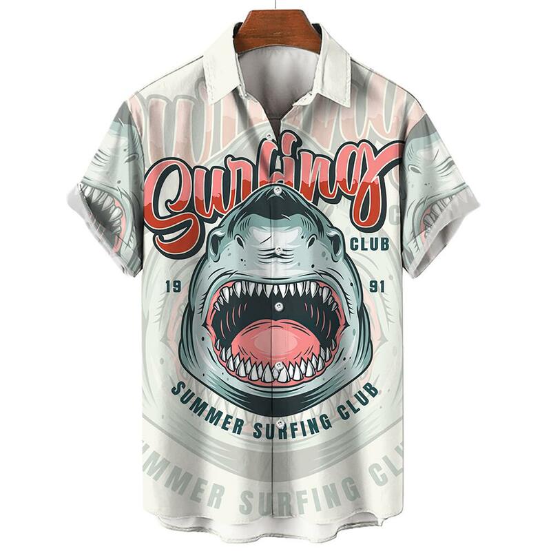 New Men's Hawaiian Beach Button Shirts Short Sleeve Animal Shark 3D Print Casual Lapel Fashion Collar Retro Clothes Hiphop