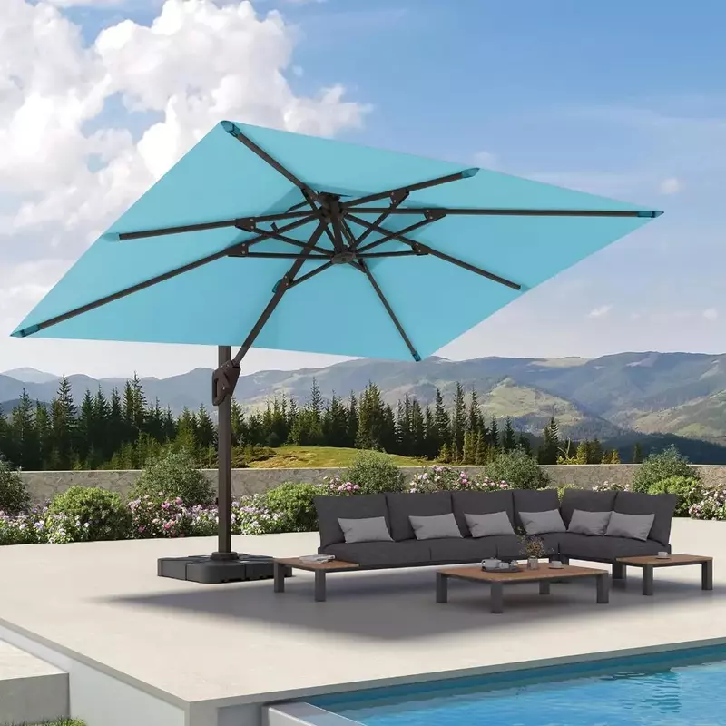 Payung teras kantilever 9'X12', payung persegi panjang rotasi 360 °, penahan matahari Offset besar atas ganda untuk kolam, Pirus