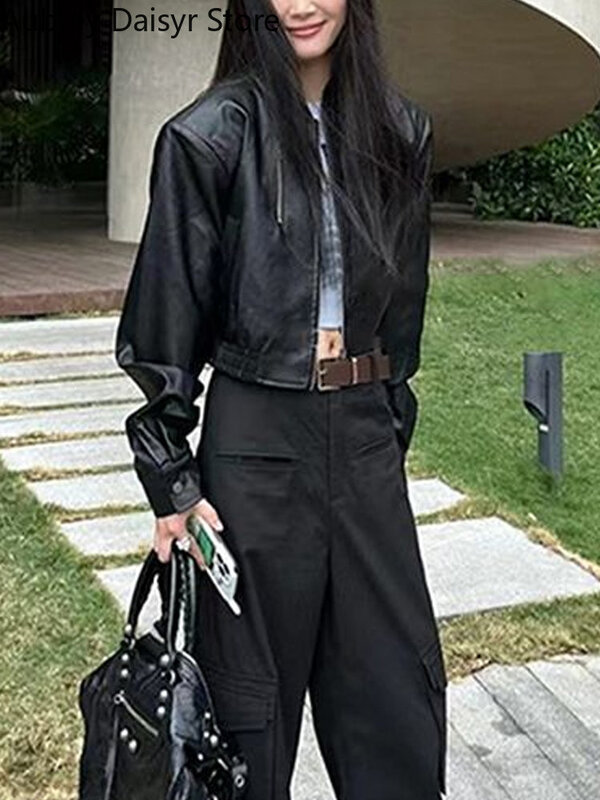 Veste en cuir de motard à glissière de style punk pour femmes, streetwear de moto, manteau court noir, mode vintage, tendance, nouveau