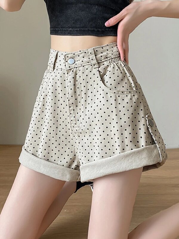Pantalones cortos con puntos de contraste para mujer, Shorts sencillos de cintura alta, informales, a la moda, de verano