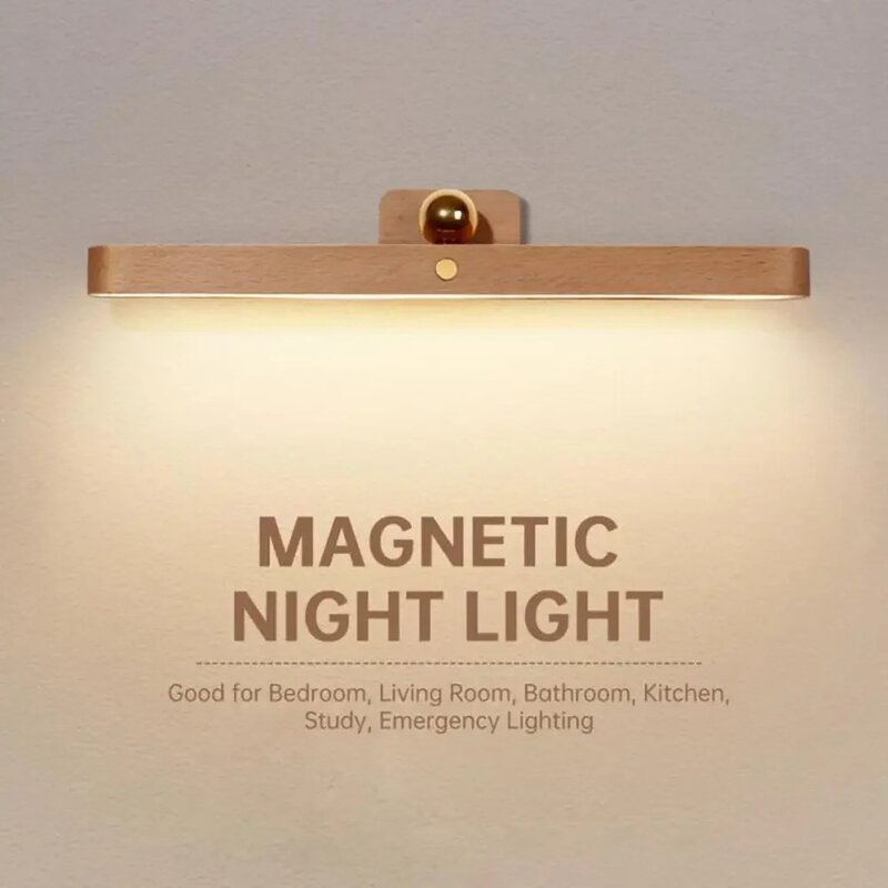 Houten Led Nachtlampje Spiegel Voor Vullicht Draagbare Oplaadbare Magnetische Wandlamp Voor Slaapkamer Bedlampje Touch Schakelaar