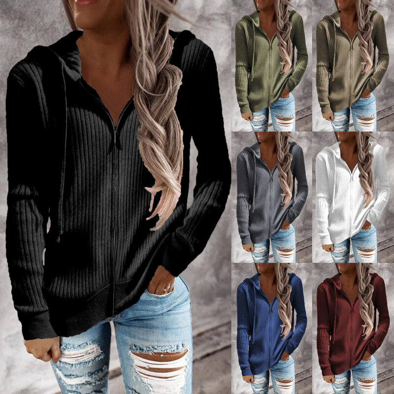 Autumn Winter Women Zipper Cardigan Hoodies Sweaters Ladies Vintage Casual Loose Long Sleeve Solid Color Knitted Outerwear