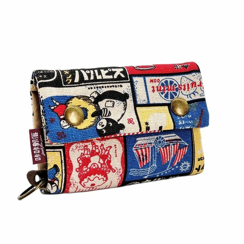 Canvas Cartoon Printing Fold Wallet for Women, Small Card Organizer, Key Pouch, Ladies 'Money Bag, Coin Purse for Children, Girls, Woman