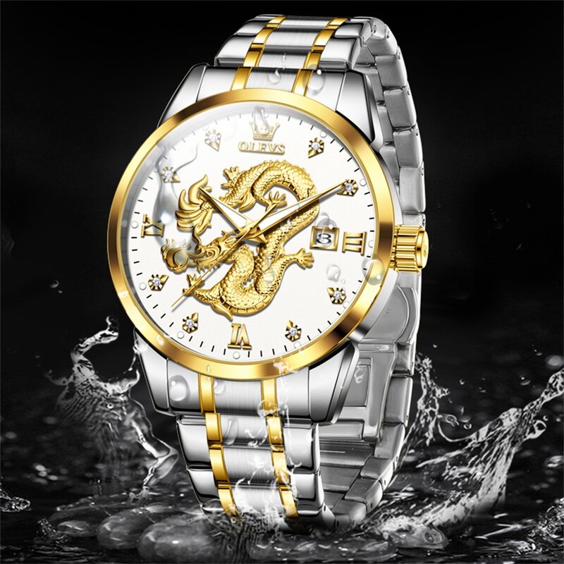 OLEVS jam tangan kuarsa ukiran 3D pria, arloji Fashion baru desain Dial naga Stainless Steel tahan air mewah pria